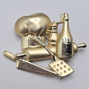 Vtg AJC Gold Tone Chef‎ Hat Brooch Rolling Pin Knife Kitchen Utensils Food Gift